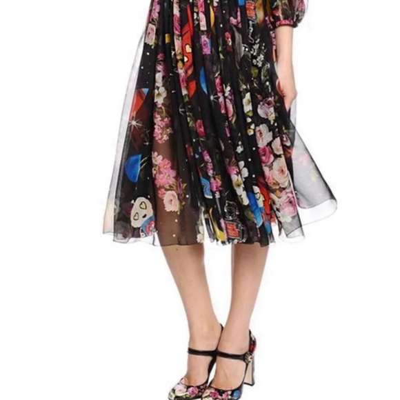 DOLCE & GABBANA Silk Maximalist Space Alien and Flowers Print Chiffon Skirt 42 - Picture 1 of 14